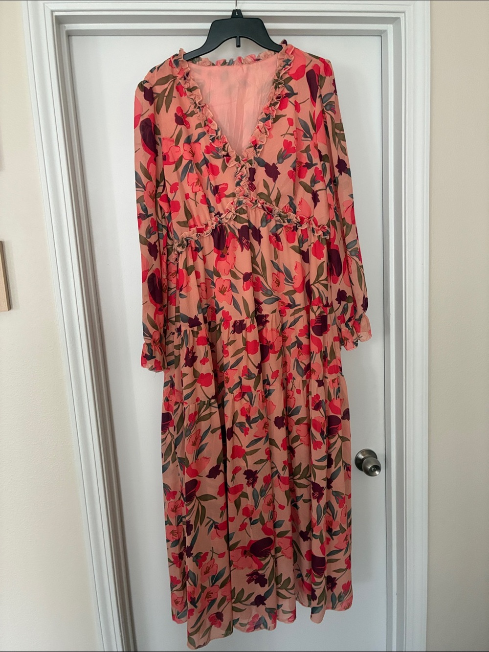 Floral Ruffle V-Neck Long Sleeve Maxi Dress - Pink Floral